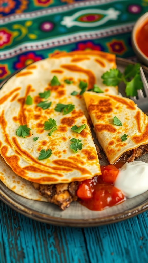 Crispy huitlacoche quesadilla filled with cheese, garnished with cilantro, served with sour cream and salsa.